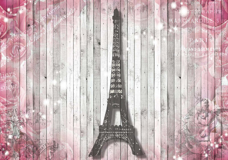 Eiffel tower paris pink roses flowers vintage wood planks photo wallpaper mural ve