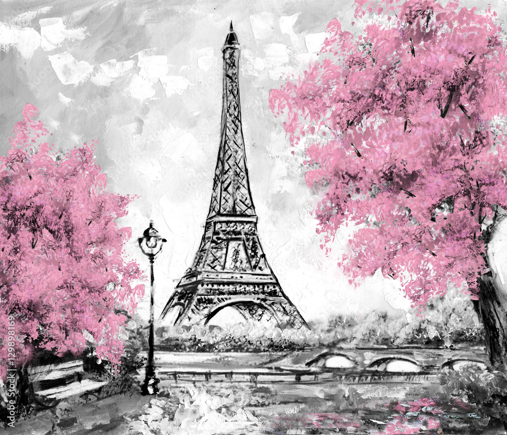 Oil painting paris european city landscape france wallpaper eiffel tower black white and pink modern art