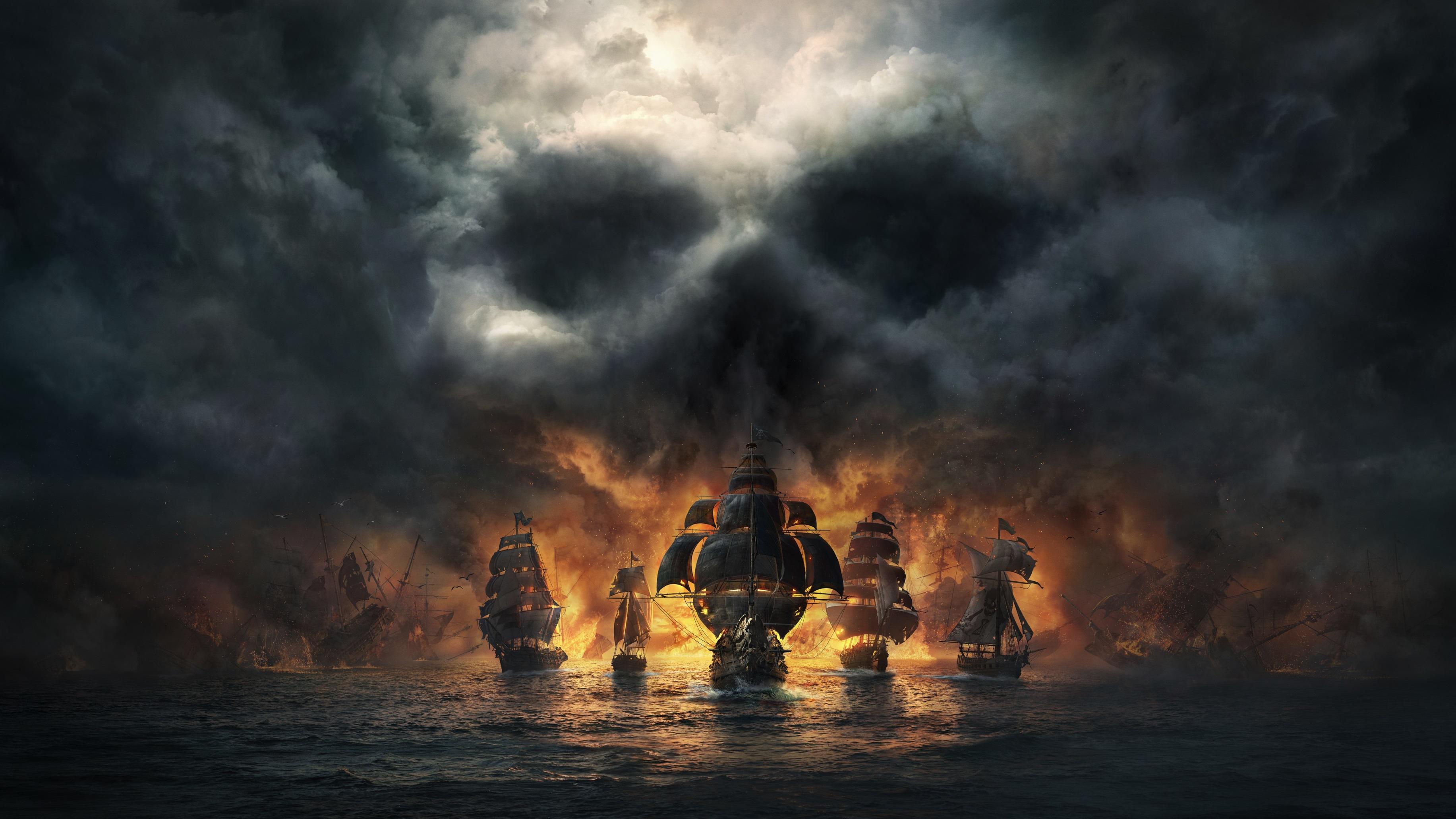 Wallpaper pirates pirate flag pirate ship clouds sea fire video games skull and bones ubisoft x
