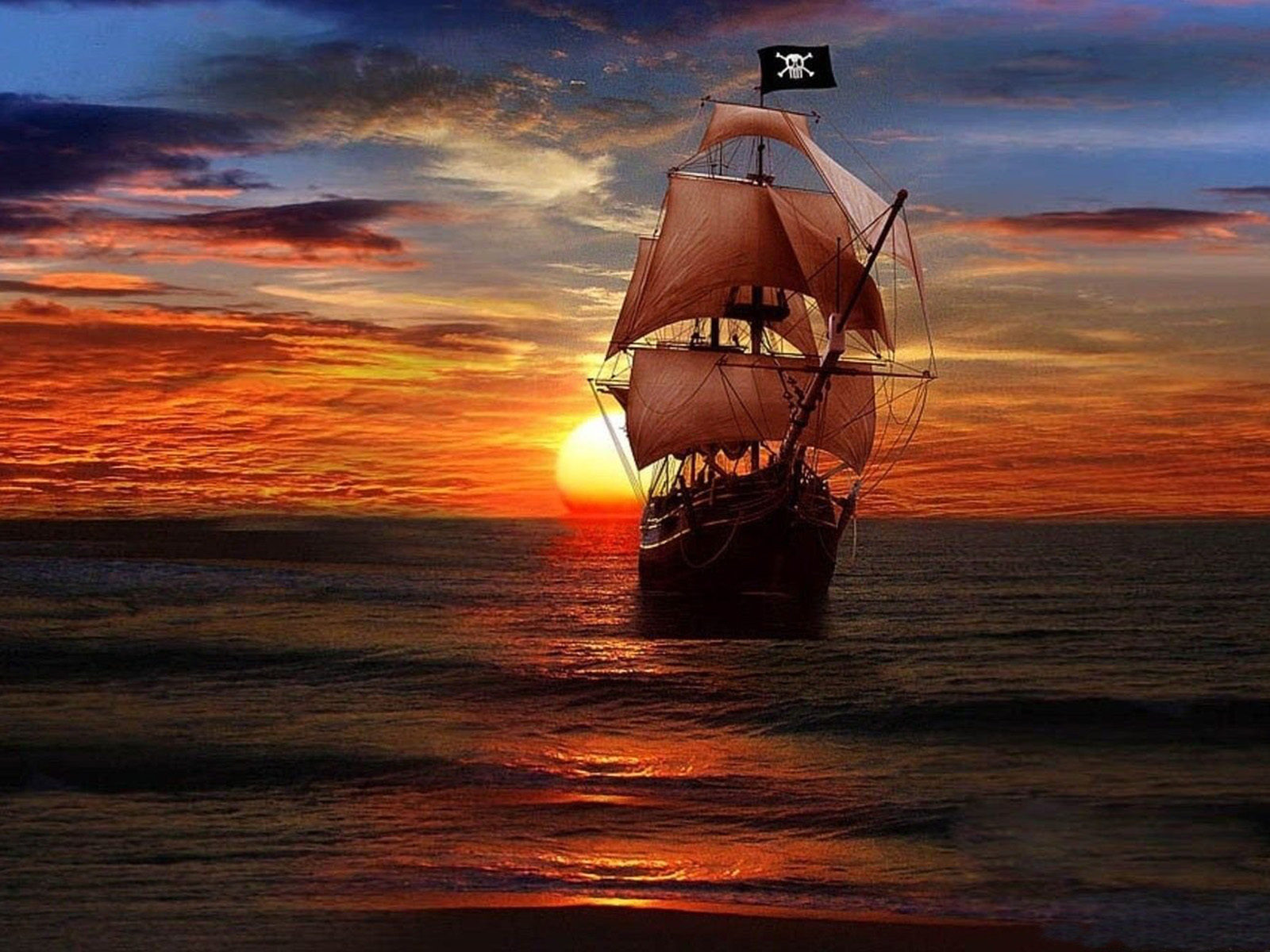 Sunset and pirate ship fantasy art desktop wallpaper hd x