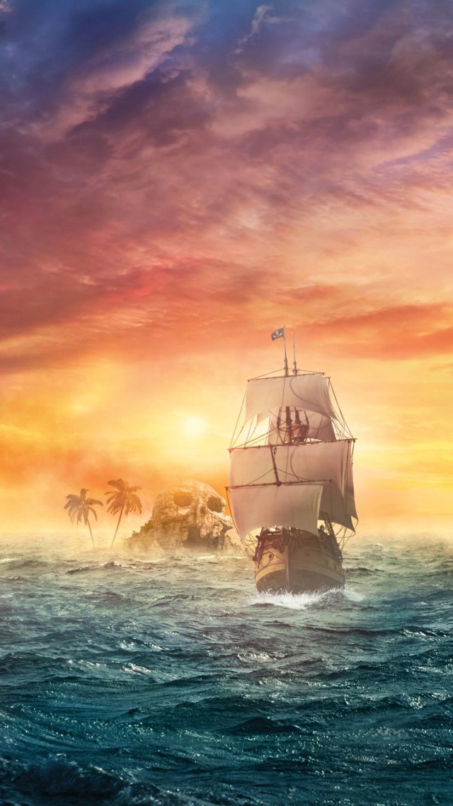 Wallpaper pirate ship sea ocean sunset skull land art