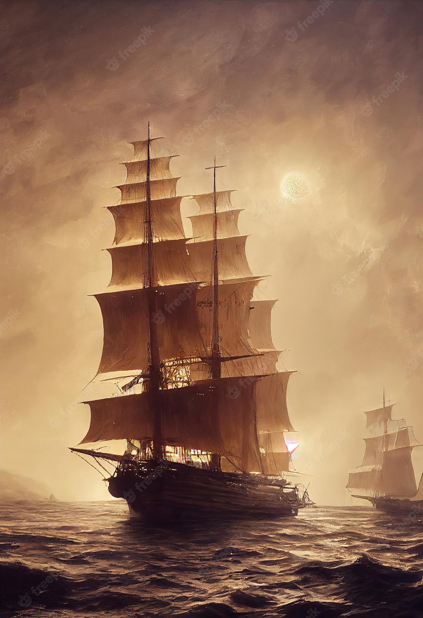 Premium photo an ancient pirate ship with tattered sails is sailing the ocean the concept of a pirate adventure