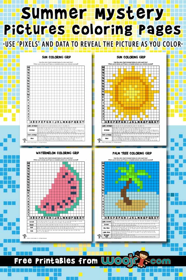 Summer mystery pictures pixel grid coloring pages woo jr kids activities childrens publishing