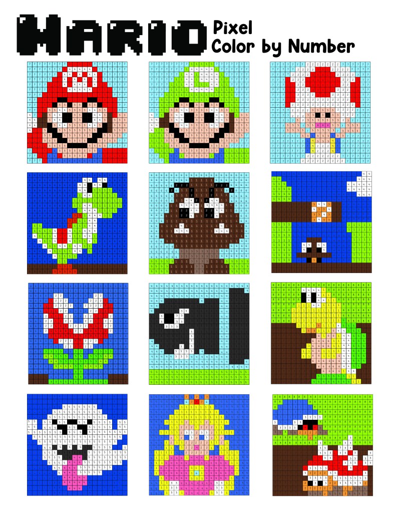 Super mario loring pages free printable pixel lor by number