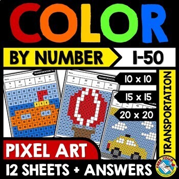 Mystery picture transportation math color by number pixel art coloring page