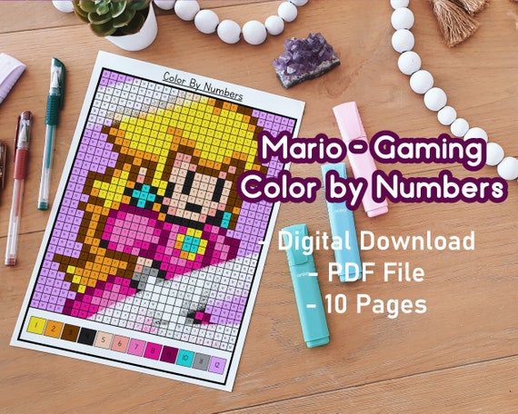 Mario color by numbers printable gaming cute kawaii gamer pixel art coloring pages for adults coloring pages bundle