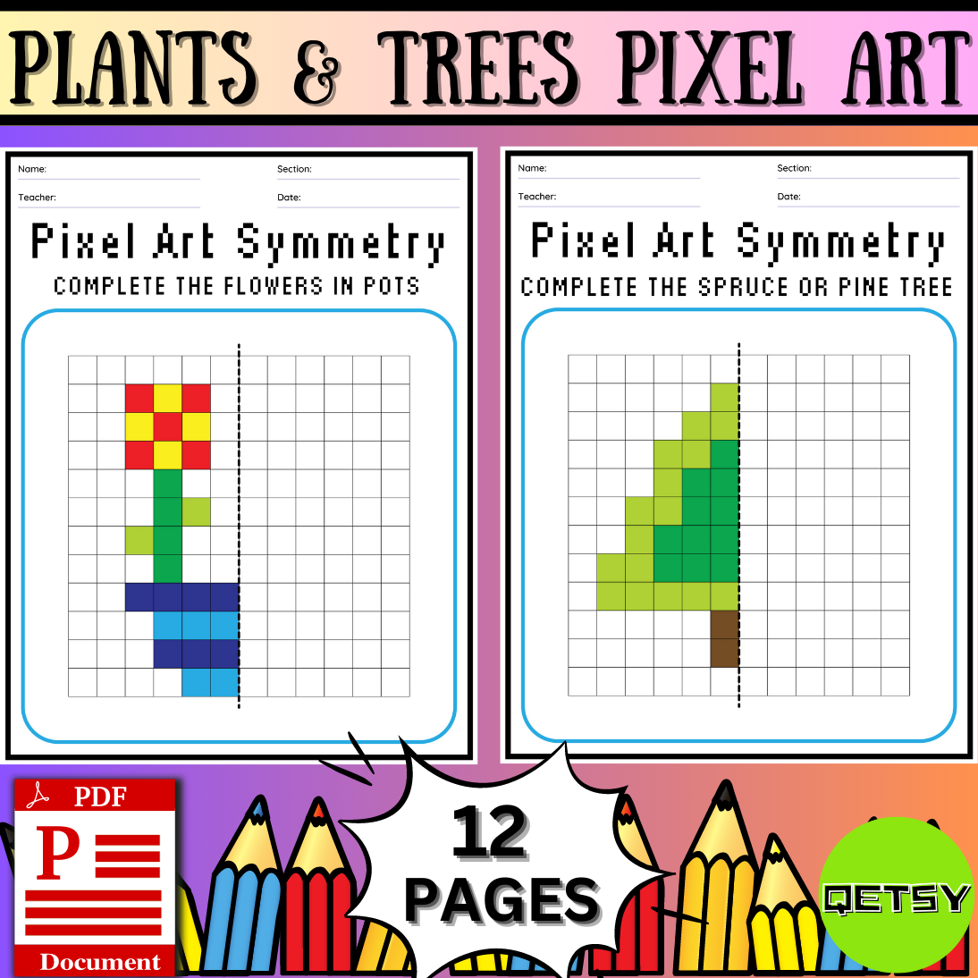 Botanical brilliance plants and trees pixel art lines of symmetry made by teachers