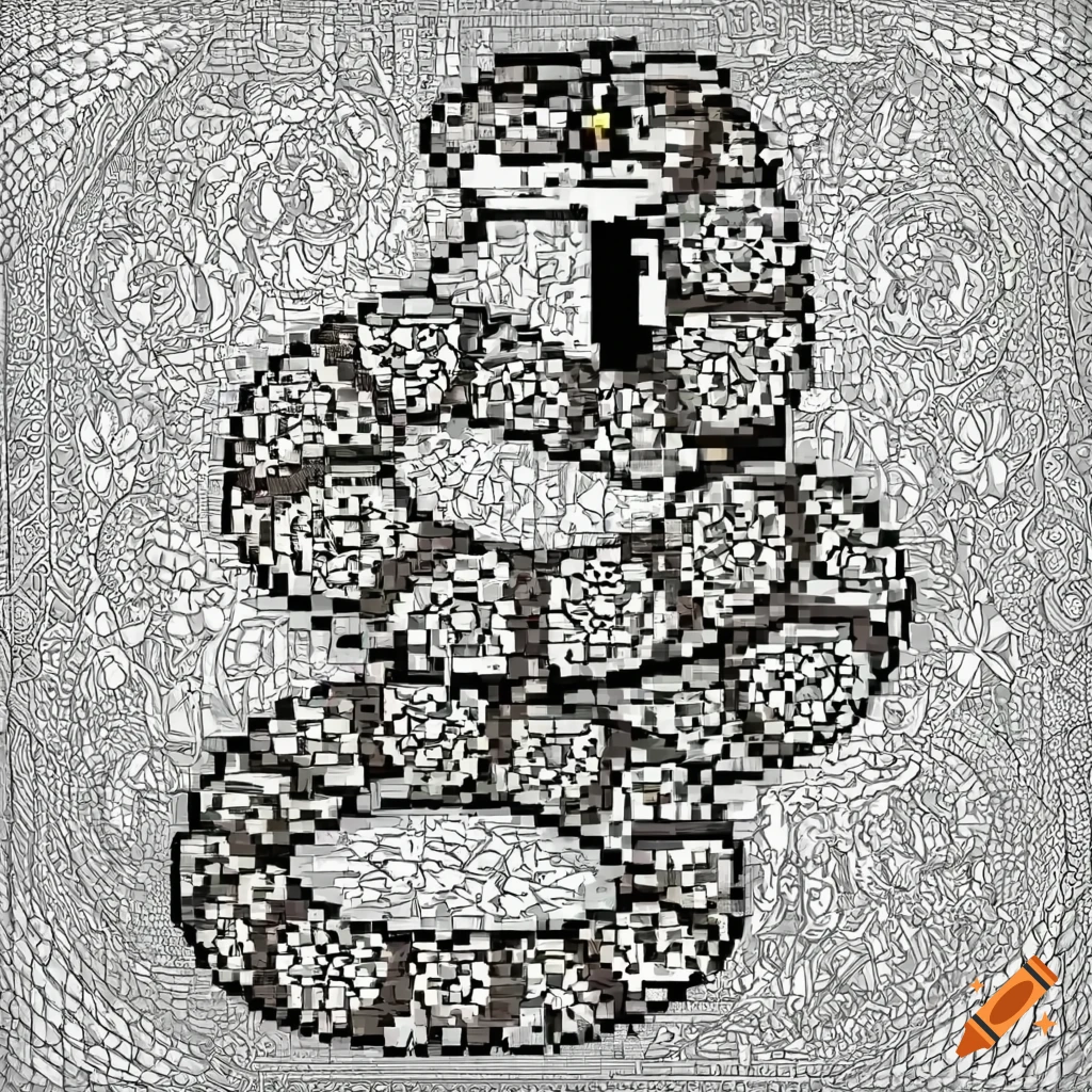 Coloring book page of a peaceful snake with a beautiful patterned body pixel art on