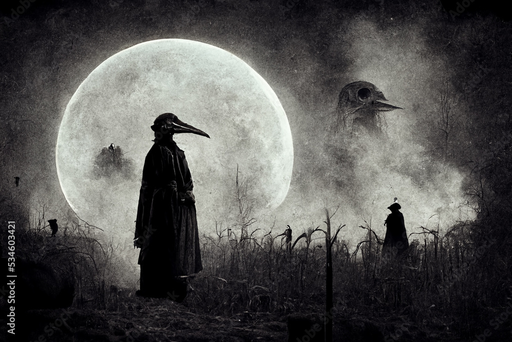 Black and white illustration of a scary plague doctor at full moon
