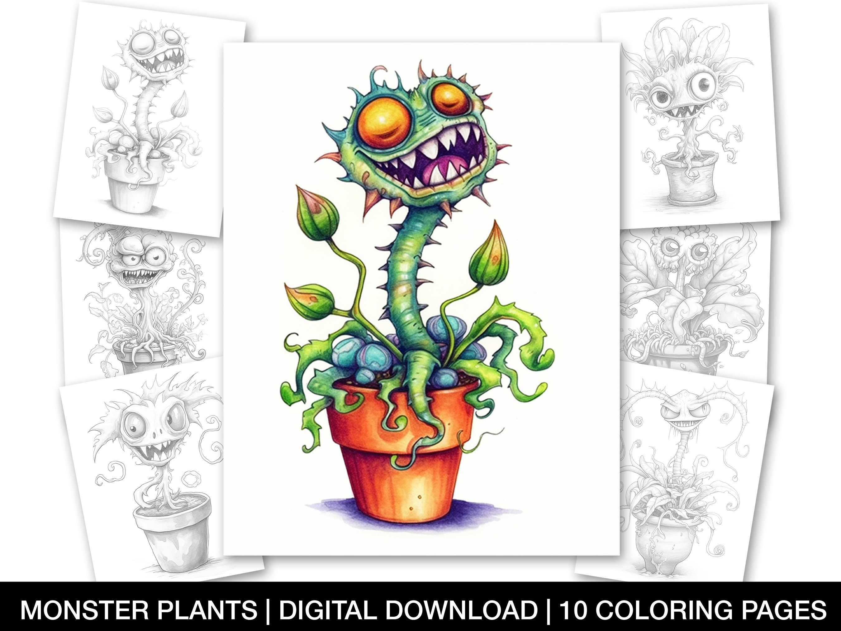 Monster plants digital coloring pages adults and teens colouring book instant download grayscale coloring page printable coloring sheets instant download