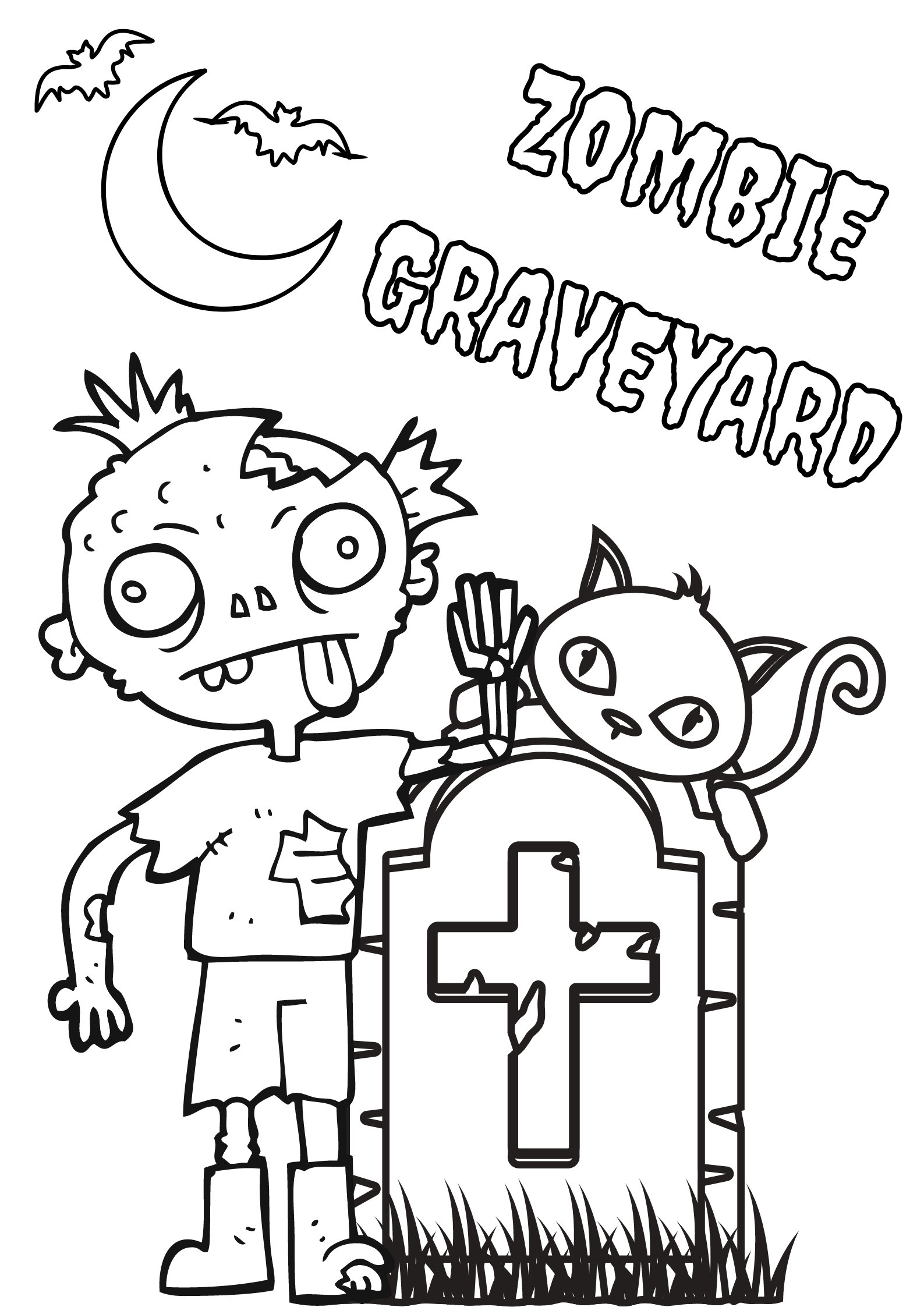Halloween childrens coloring page zombie graveyard digital download
