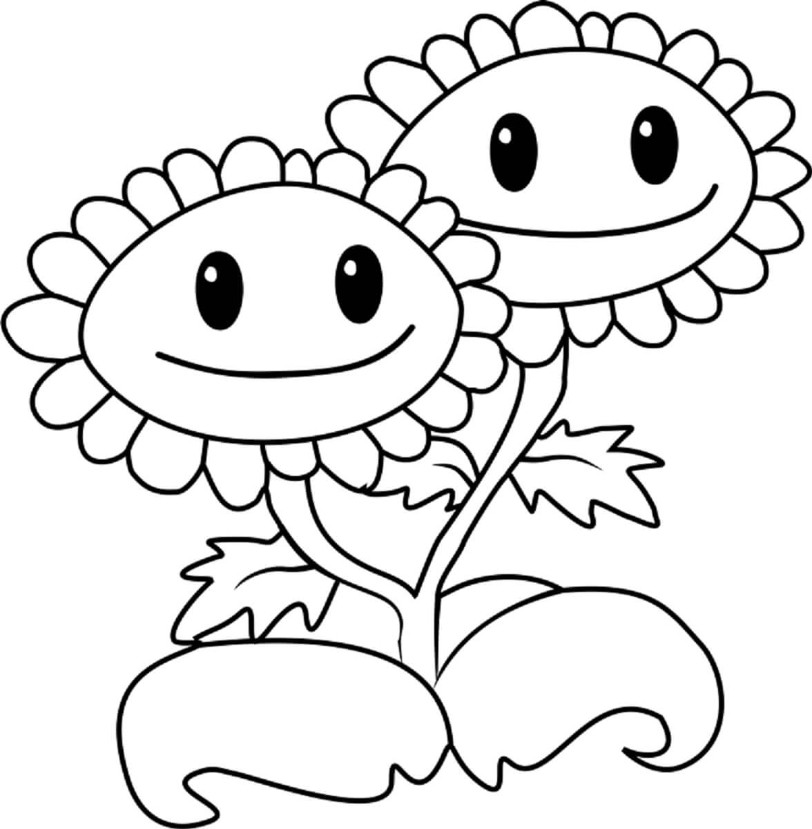 Smiling twin sunflower in plants and zombies coloring page