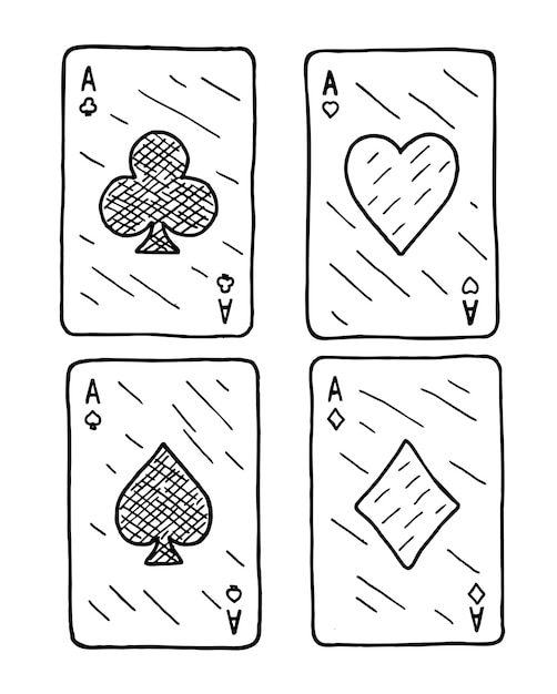 Premium vector a winning poker hand of four aces playing cards suits on white black and white hand drawn scratch