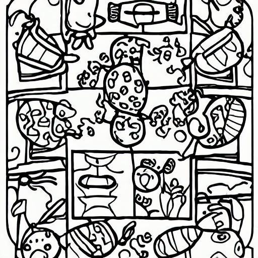 Coloring page of grasshoppers a chicken a cow a sheep an apple a peach and a potato playing cards together