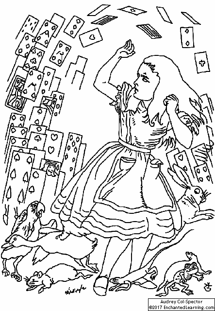Alice being attacked by playing cards