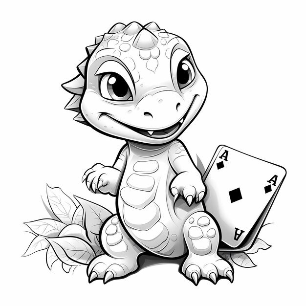 Premium ai image cute dinosaur playing cards coloring page style black and white