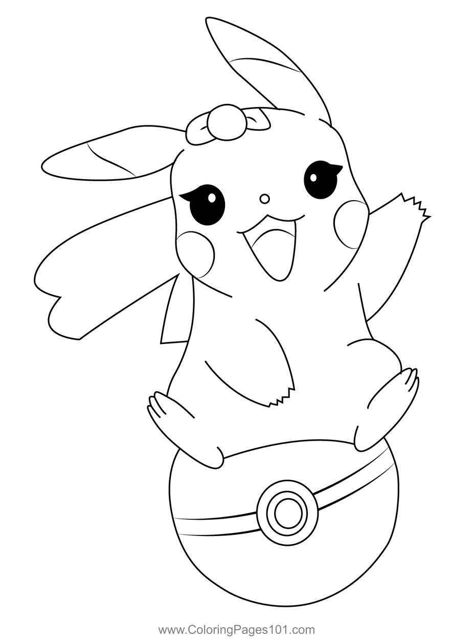 Pikachu sitting on a pink pokeball coloring page for kids