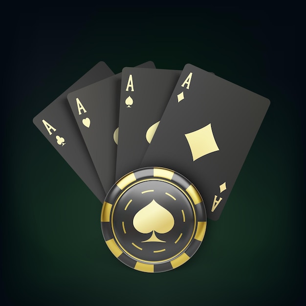 Premium vector four black poker cards with gold suit and casino chip quads and gambling chip