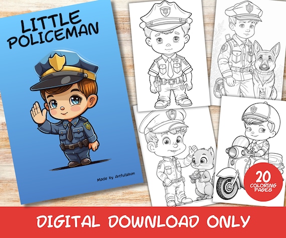 Little policeman coloring pages book kids instant download grayscale coloring page printable pdf policeman police childrens