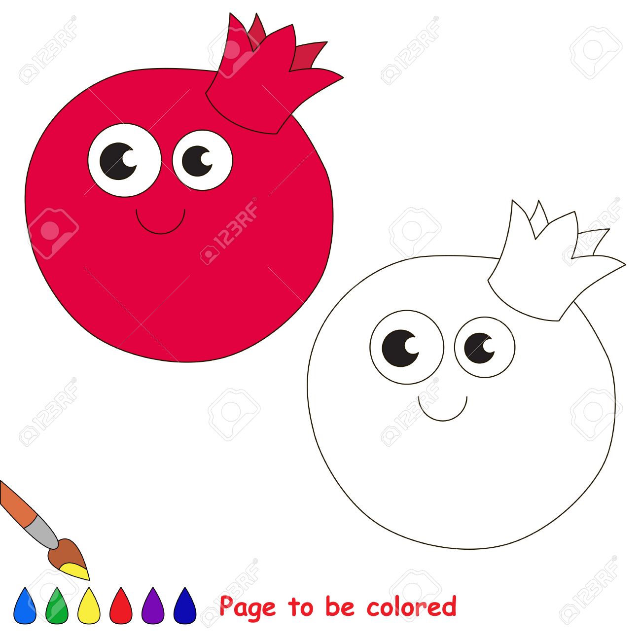 Funny pomegranate to be colored coloring book to educate kids learn colors visual educational game easy kid gaming and primary education simple level of difficulty page for coloring royalty free svg cliparts