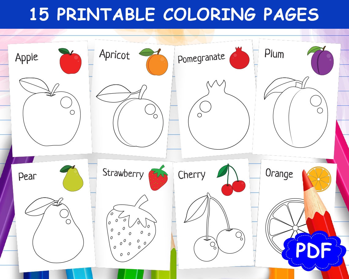 Fruits coloring pages fruit coloring pages fruit coloring book for kids printable coloring pages coloring worksheet instant download