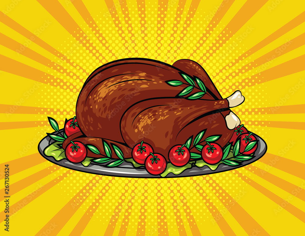 Color vector pop art style illustration for thanksgiving roasted turkey with crispy crust and herbs on a tray delicious baked poultry with vegetables on a dish vector