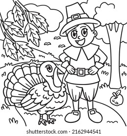 Thanksgiving pilgrim boy turkey coloring page stock vector royalty free