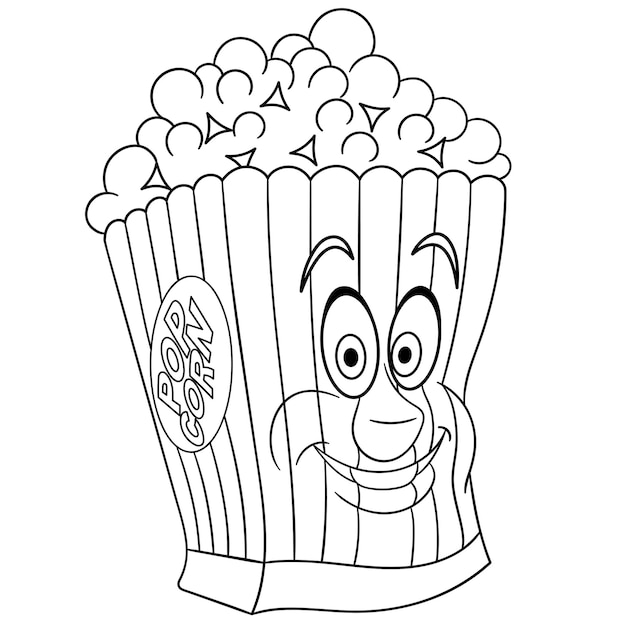 Premium vector cute popcorn box cartoon funny food emoji face kids coloring page