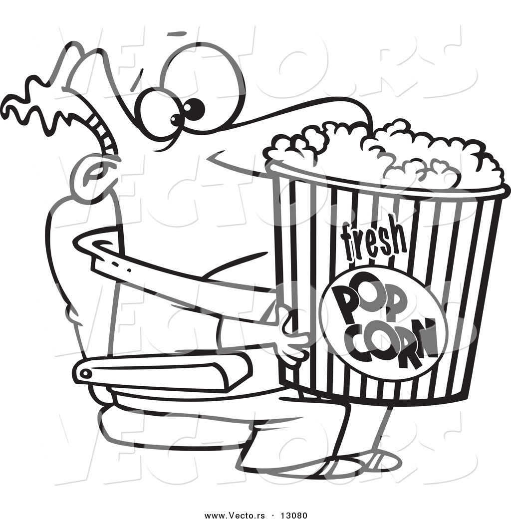 R of a cartoon movie man holding a big bucket of popcorn