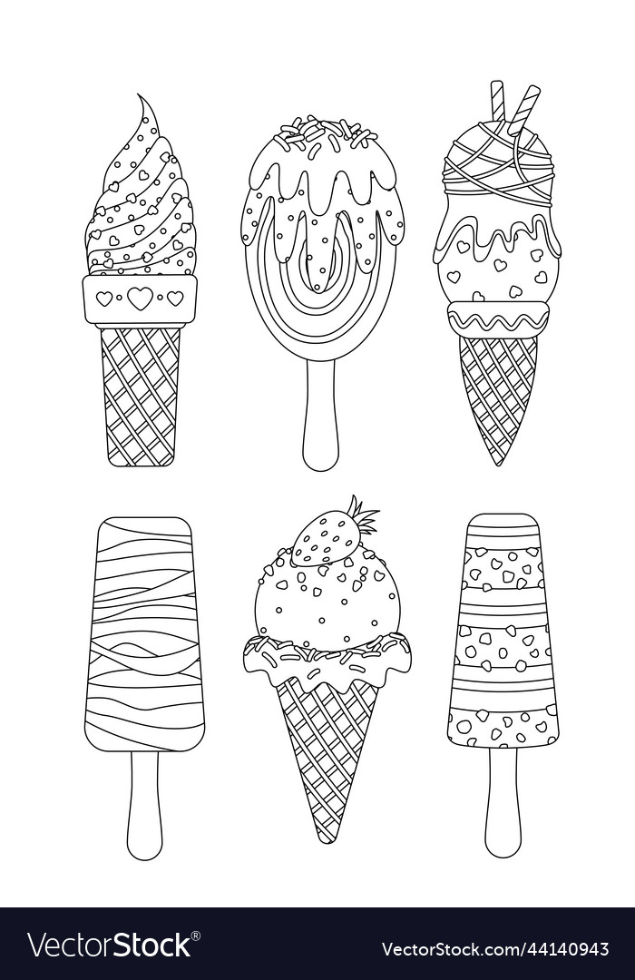 Ice cream coloring page set waffle cone popsicle vector image
