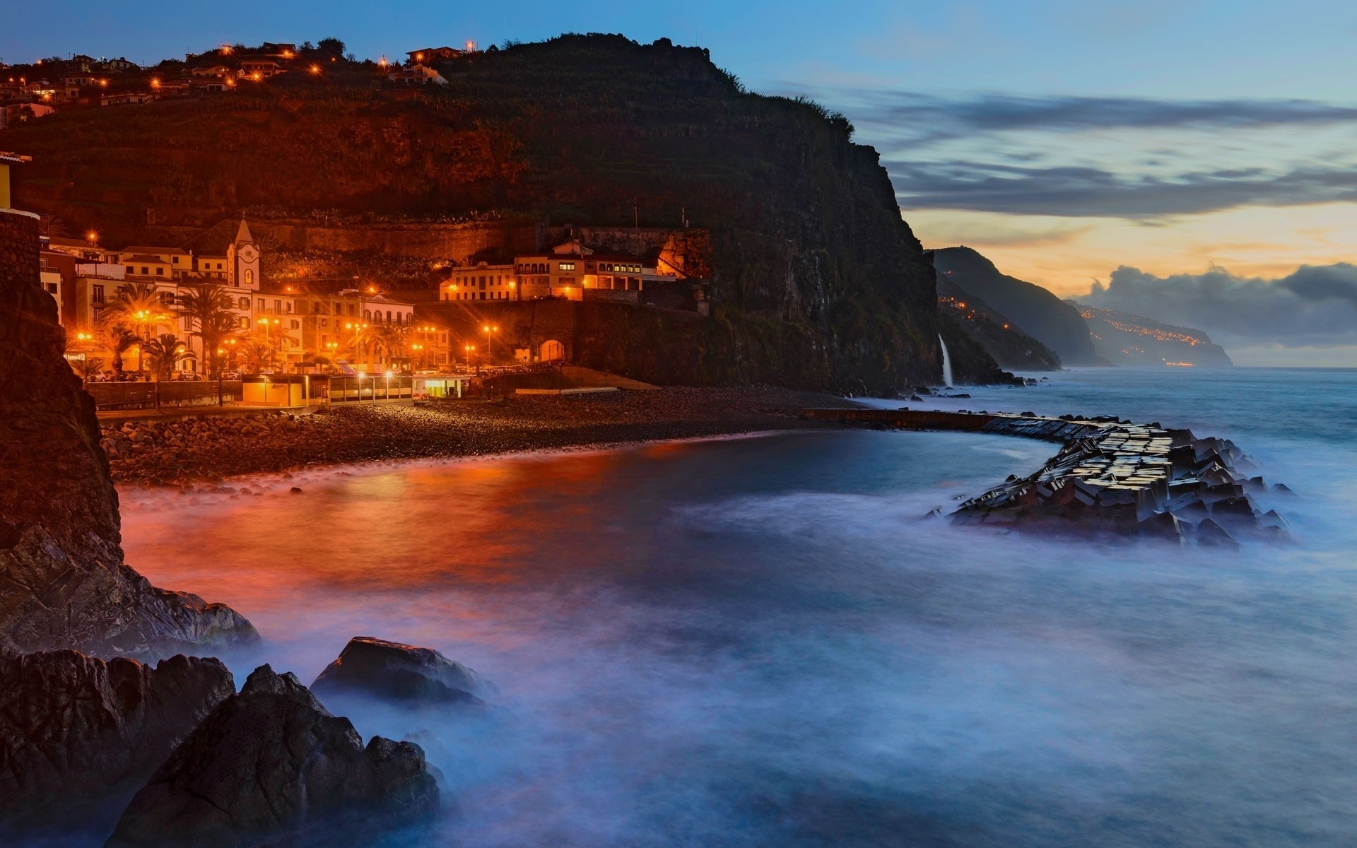 Nature landscape photography bay beach island sea city architecture lights evening cliff madeira portugal wallpapers hd desktop and mobile backgrounds