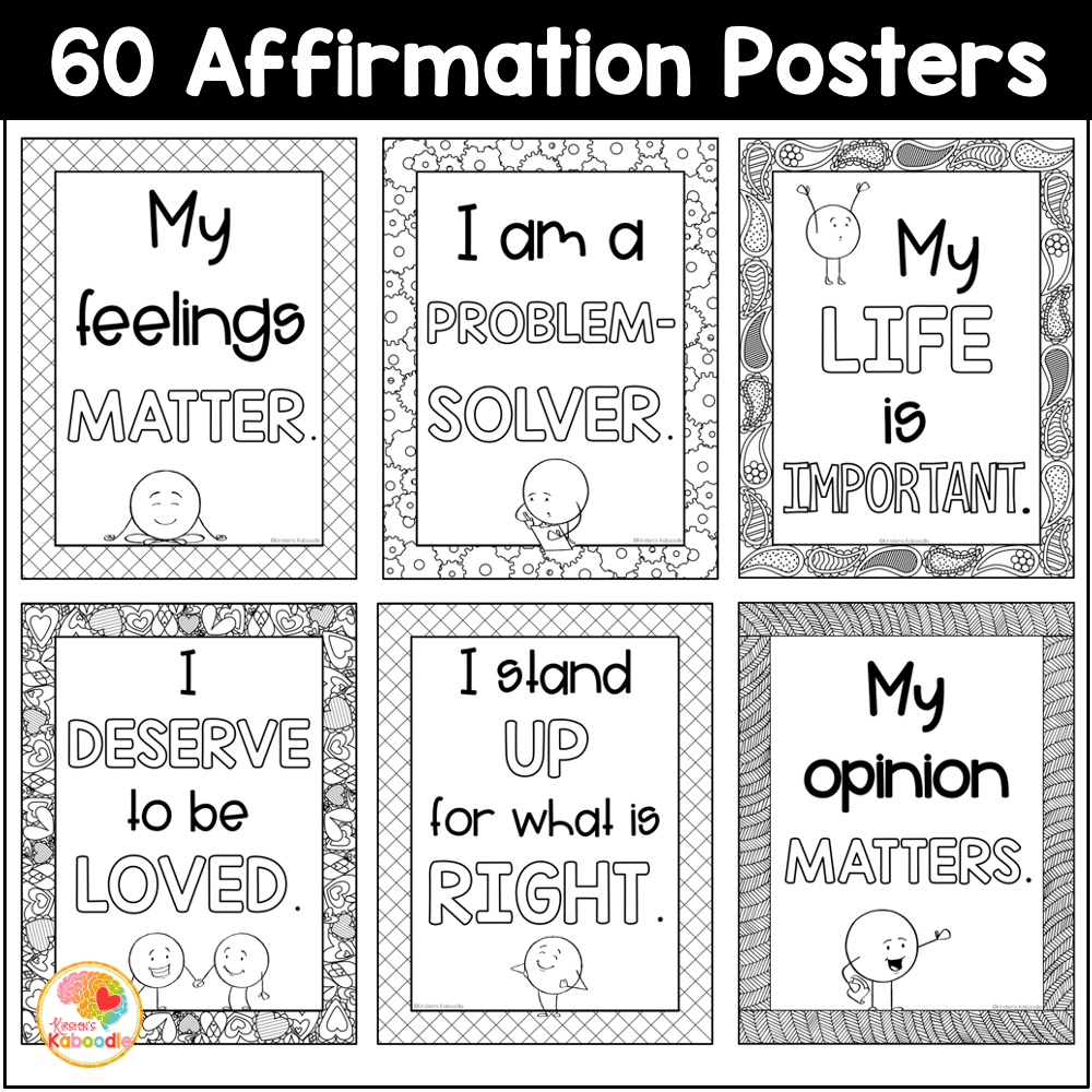 Positive affirmations coloring posters and cards for kids