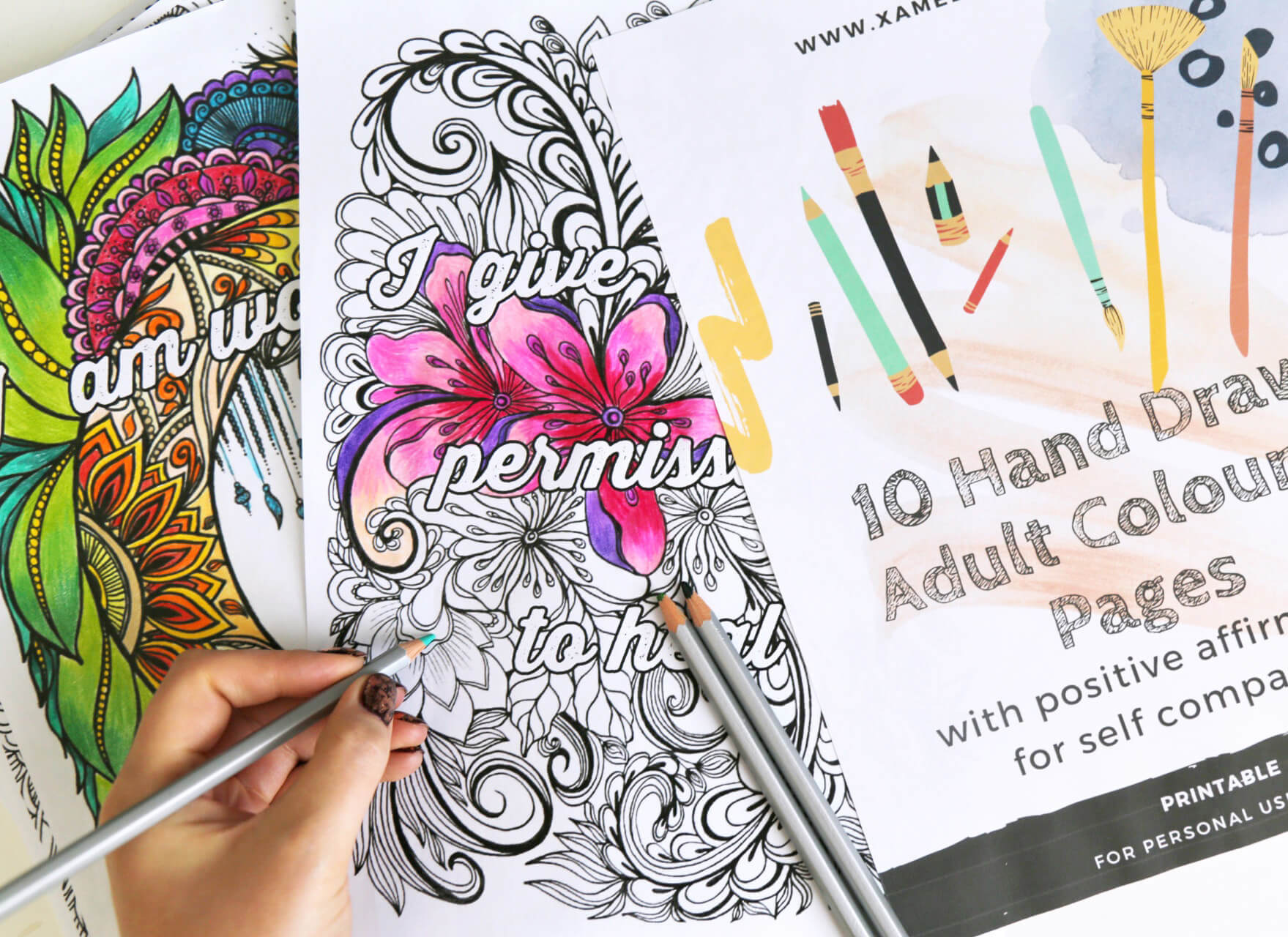 Hand drawn adult colouring pages with positive affirmations for self passion project