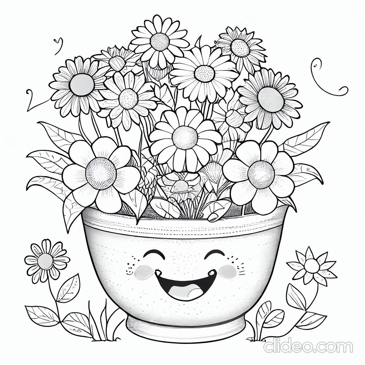 Smiling blooms flower pot coloring pages filled with joy and positivity print paint for instant download pdf