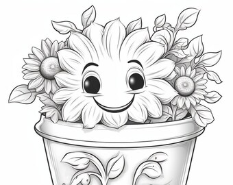 Smiling blooms flower pot coloring pages filled with joy and positivity print paint for instant download pdf download now