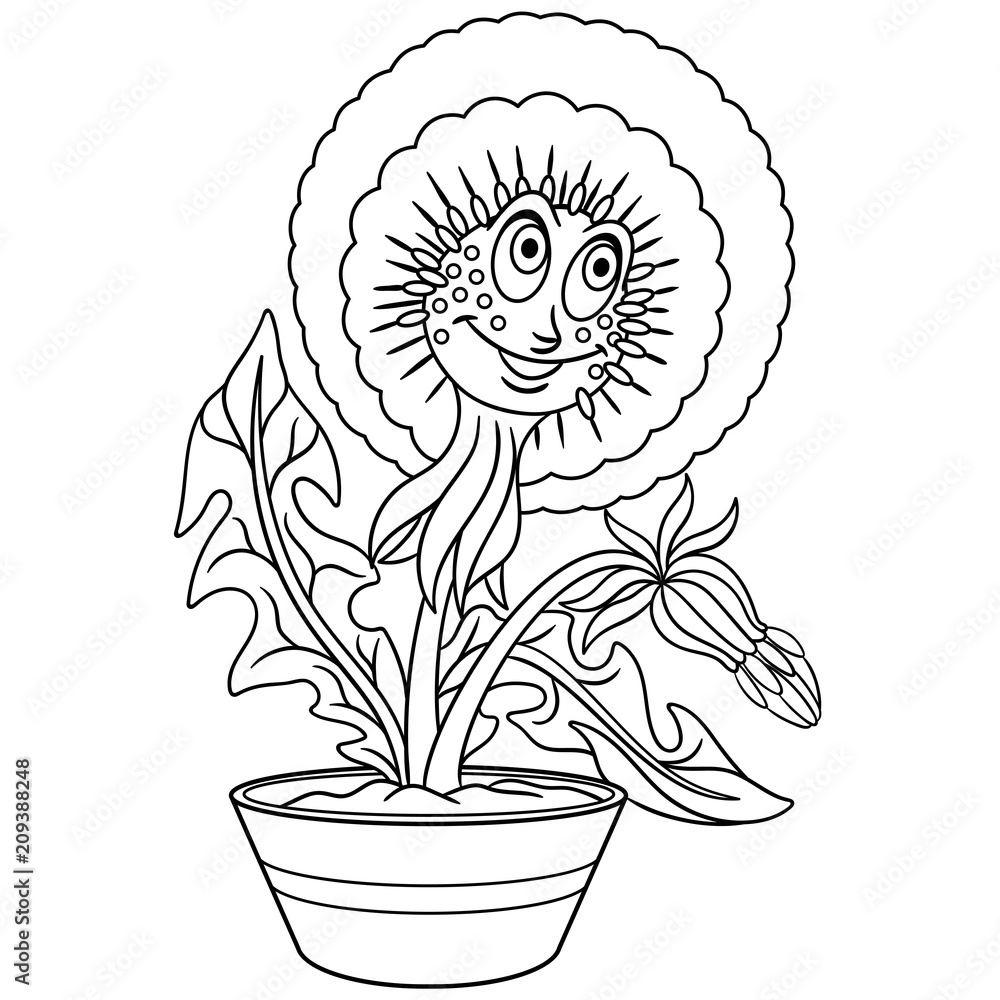 Dandelion flower in a pot coloring page colouring picture coloring book vector