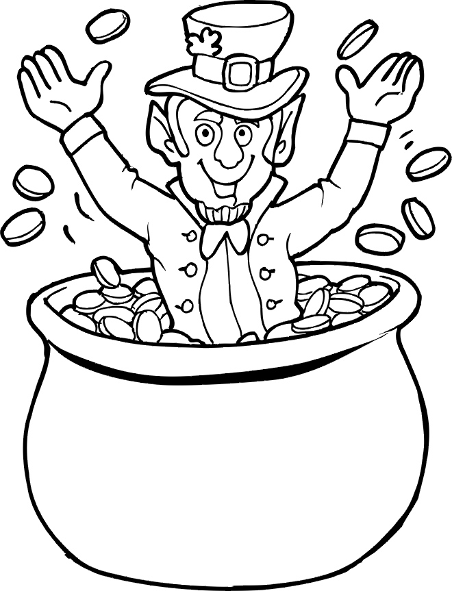 Leprechaun with pot of gold coloring page