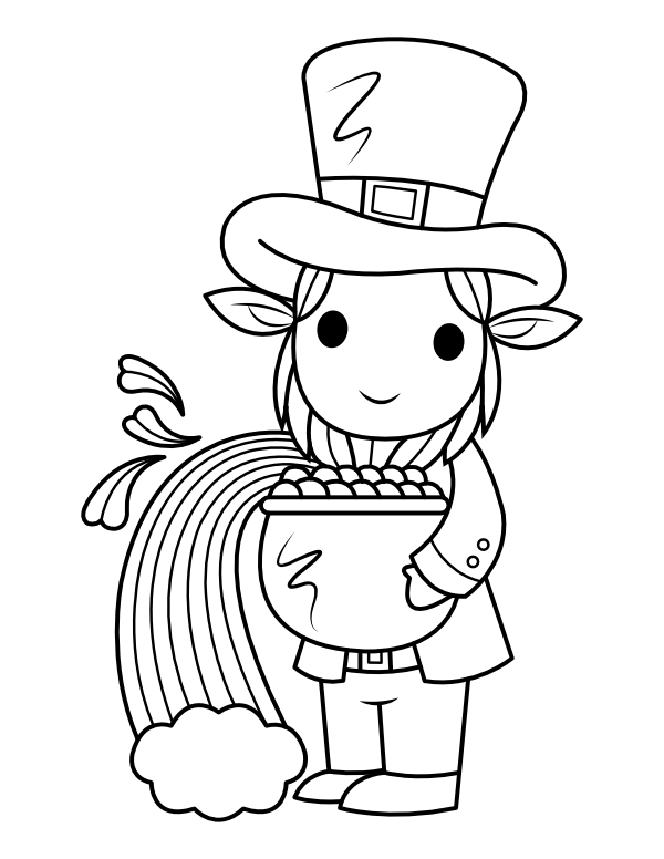 Printable leprechaun with pot of gold and rainbow coloring page
