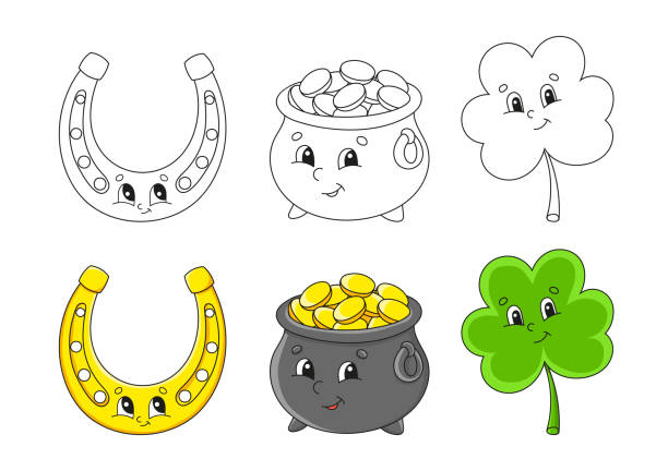Set coloring page for kids st patrick s day pot of gold cute cartoon characters clover shamrock golden horseshoe black stroke vector illustration with sample stock illustration