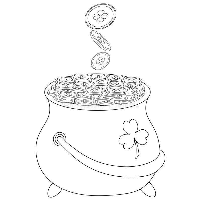 Pot of leprechaun gold sketch coins fall into the pot money with clover emblem vector illustration coloring book stock vector