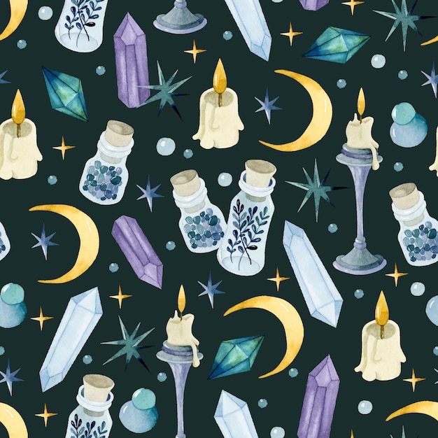 Premium vector magic potion watercolor witchcraft seamless pattern wallpaper