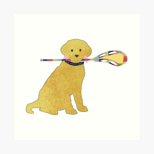 Preppy golden retriever lacrosse dog art print for sale by emrdesigns