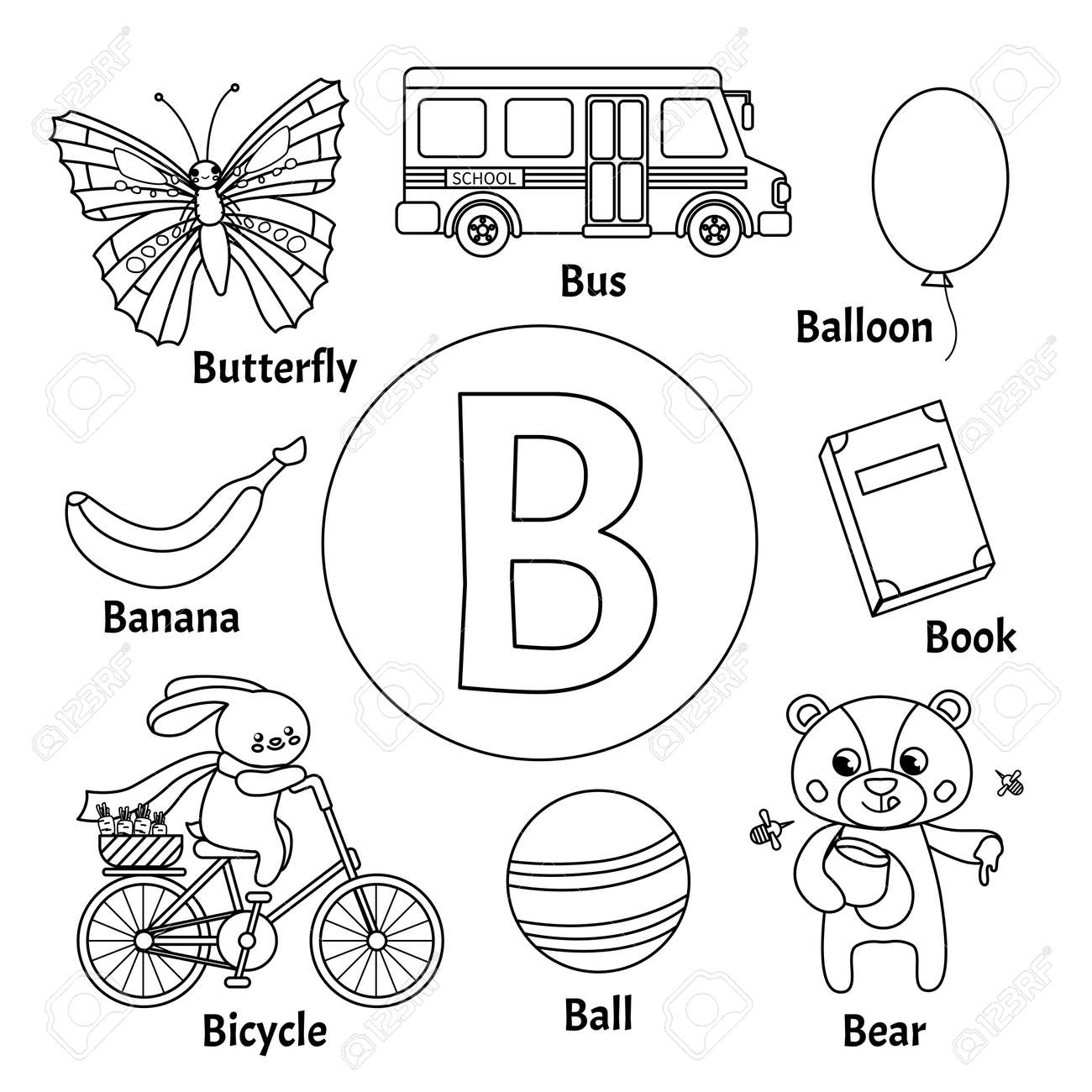 Learning card alphabet letter b set of cute cartoon illustrations coloring page royalty free svg cliparts vectors and stock illustration image