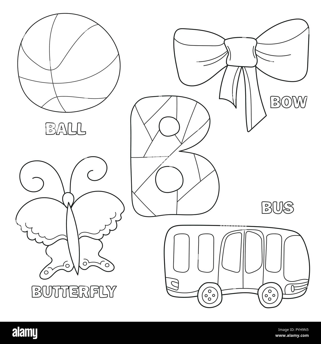 Kids alphabet coloring book page with outlined clip arts to color letter b stock vector image art