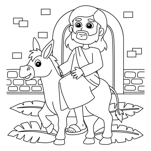 Christian jesus on palm sunday coloring page stock illustration