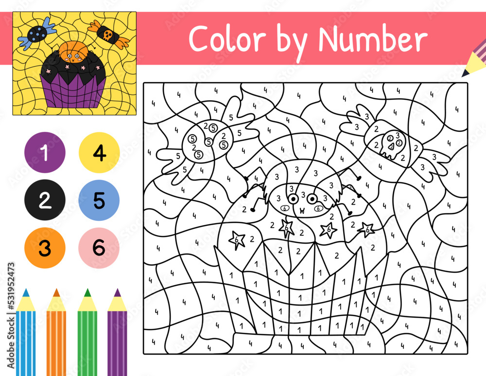 Halloween color by number game with a cute spider on cupcake trick or treat coloring page for kids printable worksheet with solution for school and preschool vector illustration vector
