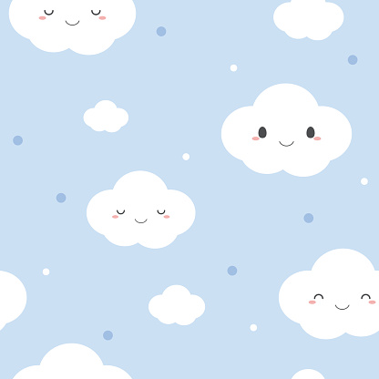 Seamless pattern of cute white clouds on pastel blue background stock illustration