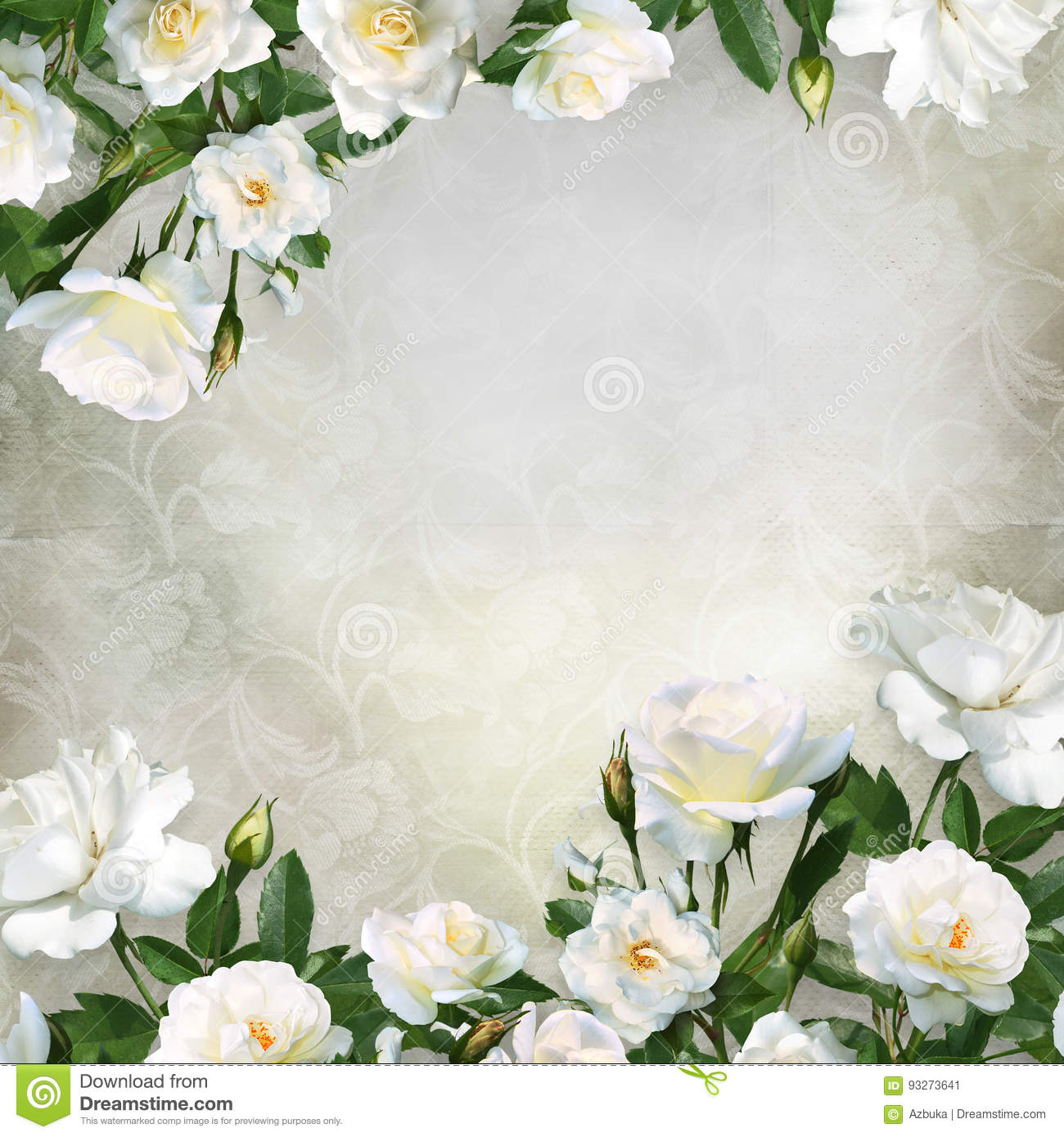 Border of white roses on a beautiful vintage background with space for text or photo stock illustration