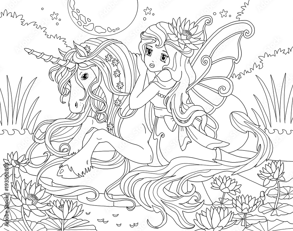 Coloring page unicorn and princess illustration