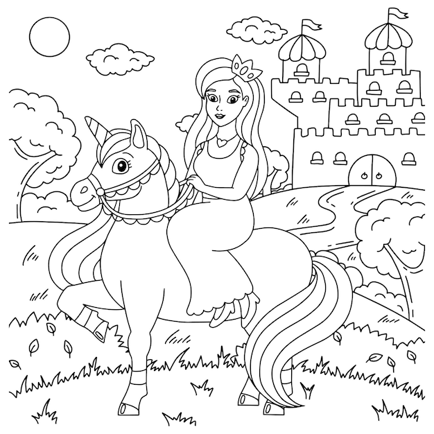 Premium vector the princess is riding a unicorn coloring book page for kids cartoon style character vector illustration isolated on white background